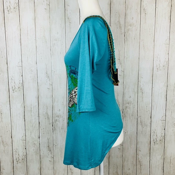 🔥HARLEY-DAVIDSON🔥3/4 Sleeve Embellished Top Low Back Teal Blue Small NWT - Picture 2 of 4